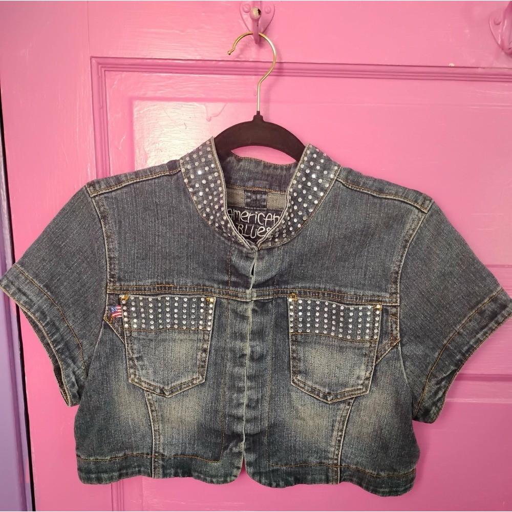 Large Y2K Studded Americana Blues Cropped Denim Jacket McBling